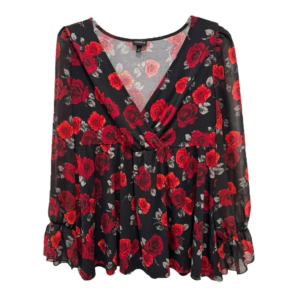 Torrid Black and Red Floral Blouse - Picture 1 of 8